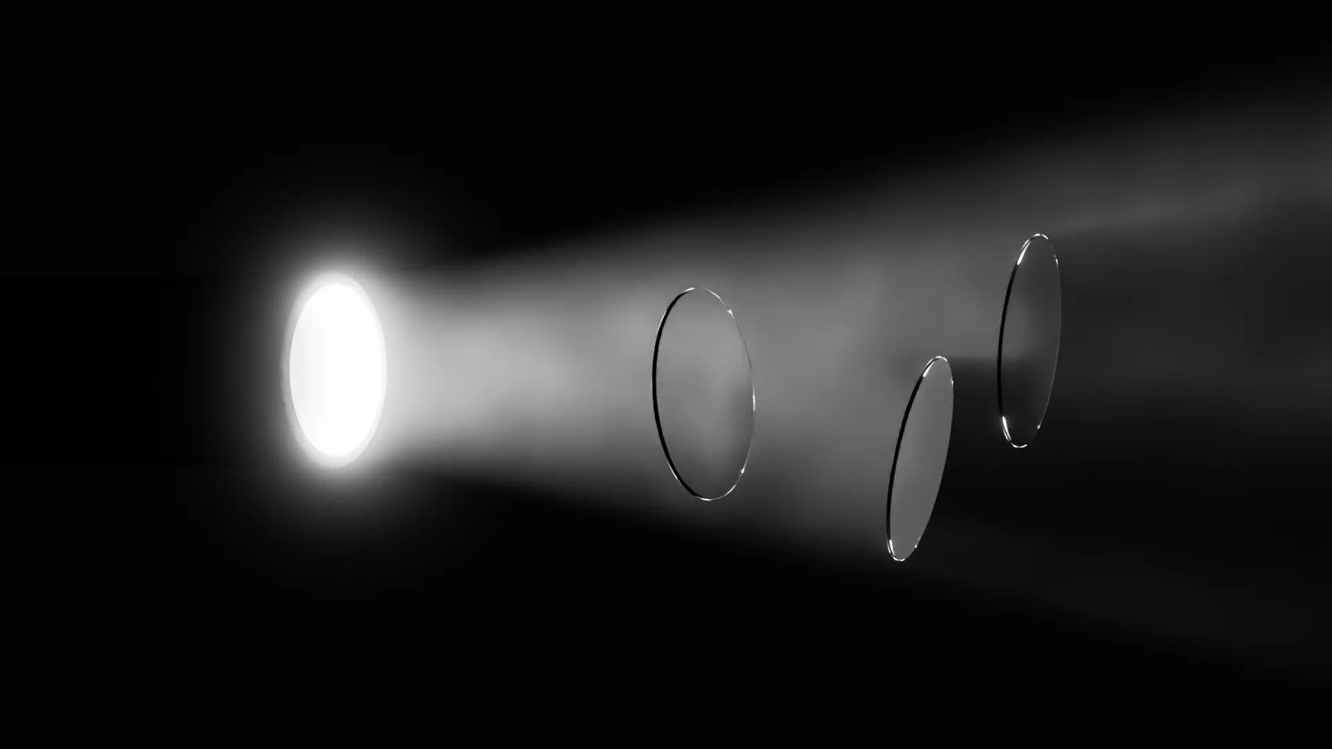 tre lenti nel buio e nella nebbia vengono trasportate verso un tunnel luminoso